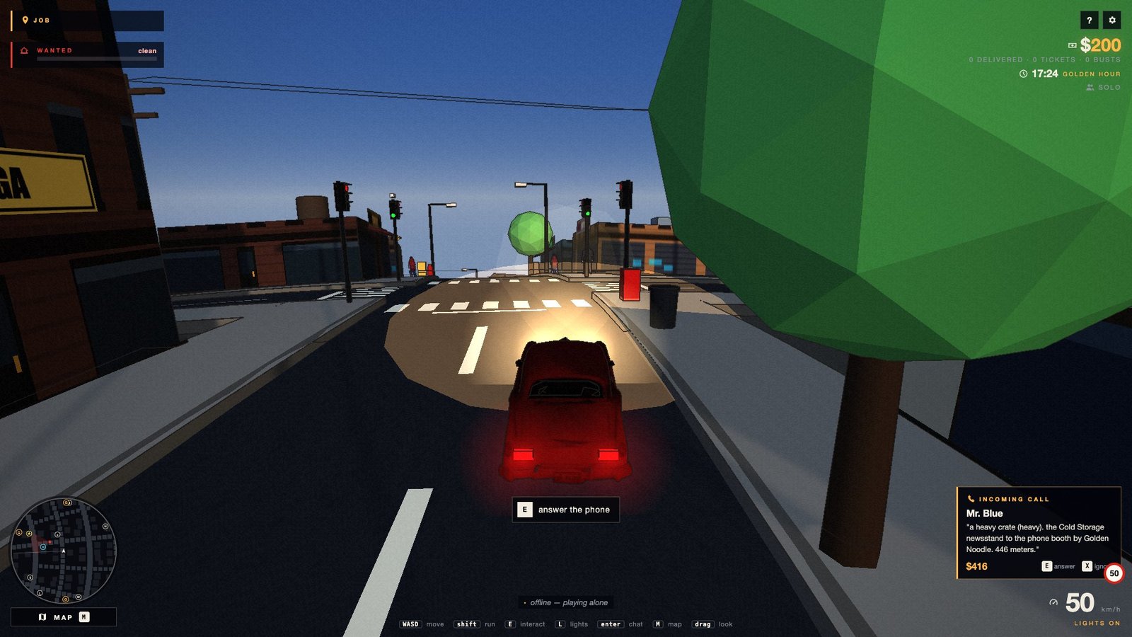 Driving at dusk while an incoming call card rings on the HUD