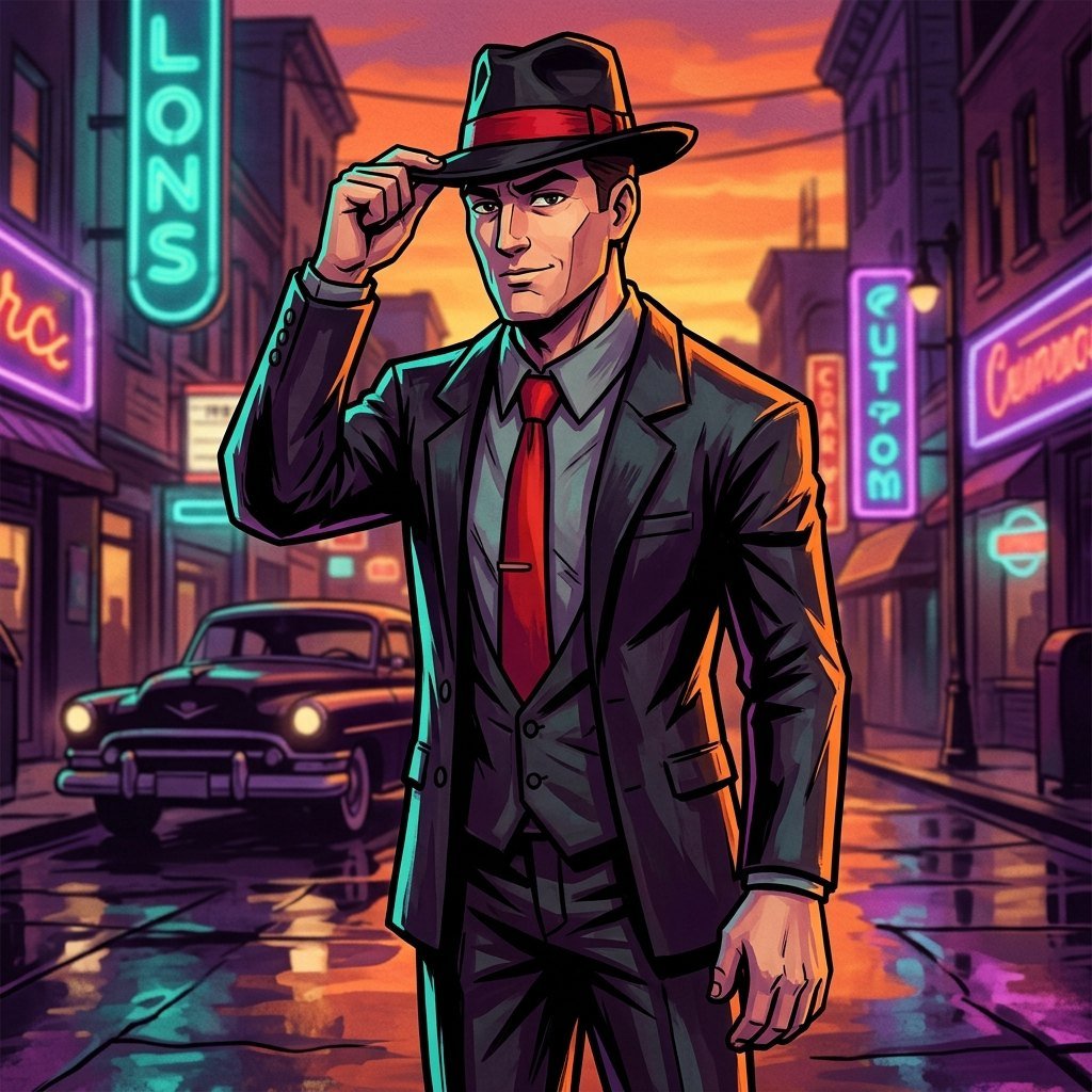 The Driver tipping his fedora on a neon street at dusk