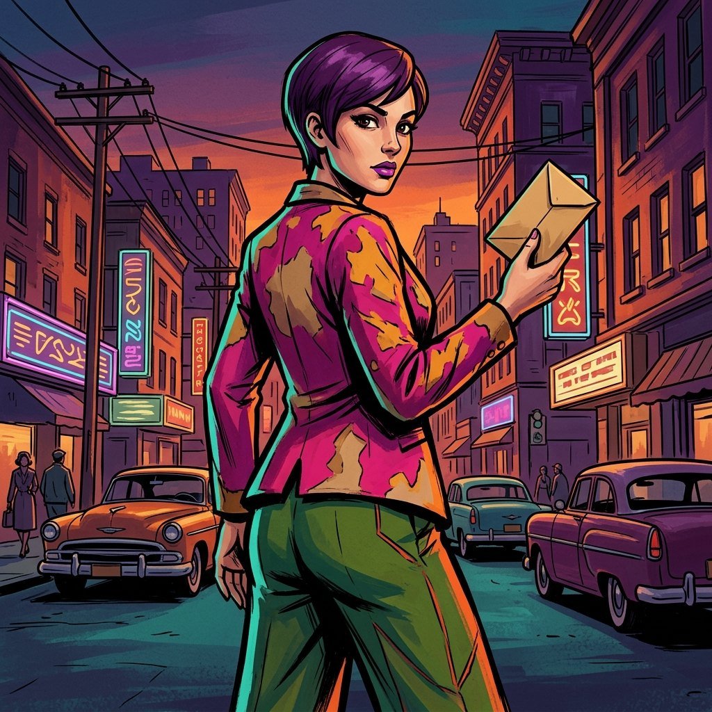 The Lady glancing back, holding an envelope